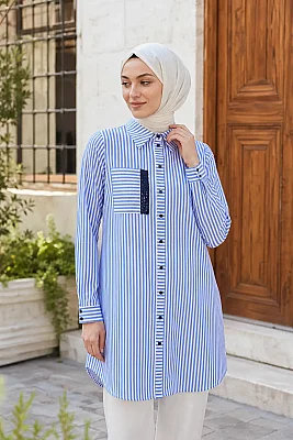Esswap - Çizgili Cebi Pul Detaylı Tunik Mavi/2511500
