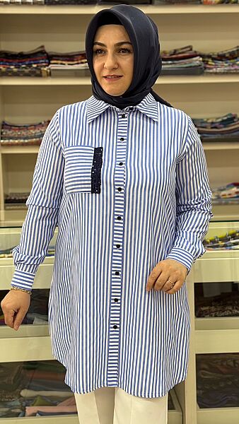 Çizgili Cebi Pul Detaylı Tunik Mavi/2511500