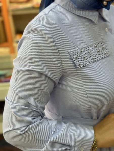 Çizgili Cebi Taş Detaylı Elbise Mavi/908
