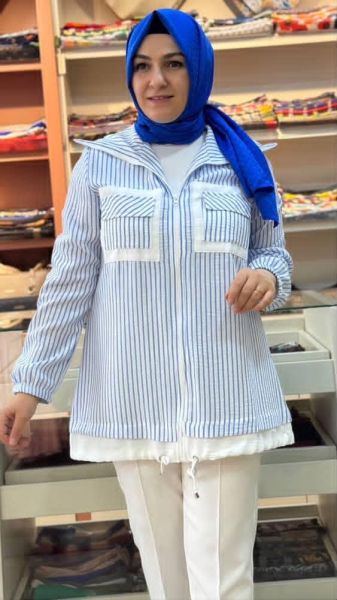 Çizgili Cep Detaylı Kap Mavi/7131