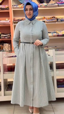 Çizgili Elbise Yeşil/7595 - Thumbnail