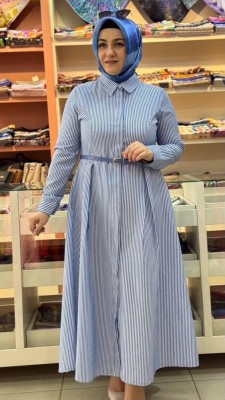 Çizgili Elbise Mavi/7595 - Thumbnail