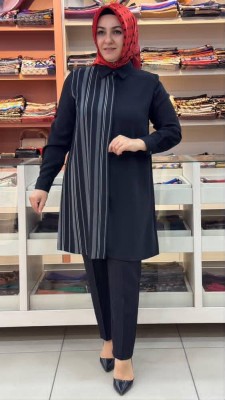 Gaze - Çizgili Krep Tunik Siyah/4047