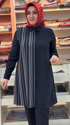 Çizgili Krep Tunik Siyah/4047 - Thumbnail