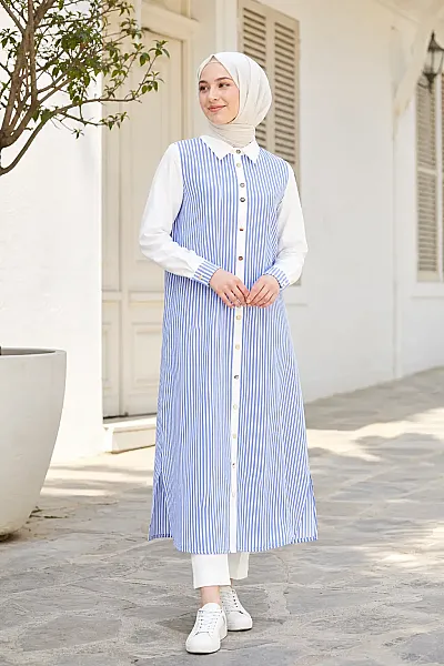Çizgili Morine Uzun Tunik Mavi/2411273