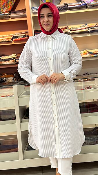 Çizgili Taşlı Tunik Ekru/2510