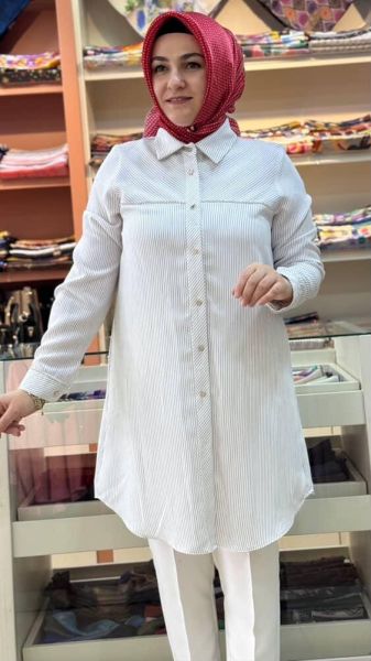 Çizgili Taşlı Tunik Ekru/25121