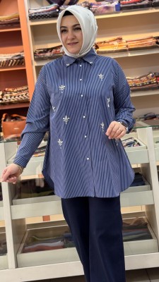 Çizgili Üstü Taşlı Tunik Lacivert/1312 - Thumbnail