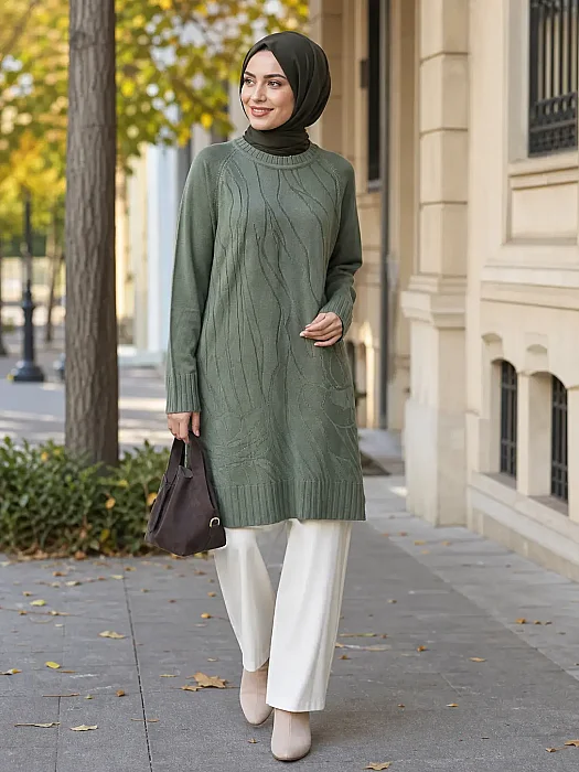 Dal Desen Merserize Triko Tunik Haki/2725103  - 4