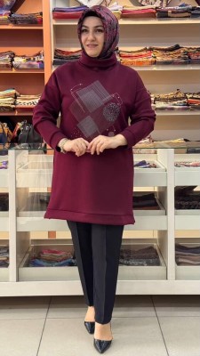 Morİpek - Degaje Yaka Baskı Ve Taş Detaylı Tunik Bordo/23001