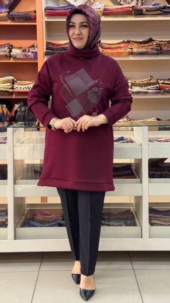 Degaje Yaka Baskı Ve Taş Detaylı Tunik Bordo/23001