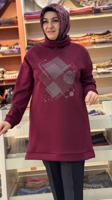 Degaje Yaka Baskı Ve Taş Detaylı Tunik Bordo/23001 - Thumbnail