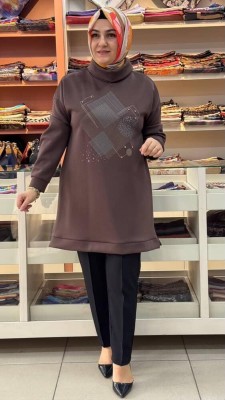 Morİpek - Degaje Yaka Baskı Ve Taş Detaylı Tunik Kahve/23001