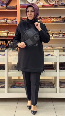 Morİpek - Degaje Yaka Baskı Ve Taş Detaylı Tunik Siyah/23001