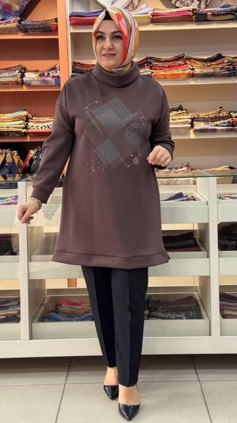 Degaje Yaka Baskı Ve Taş Detaylı Tunik Kahve/23001
