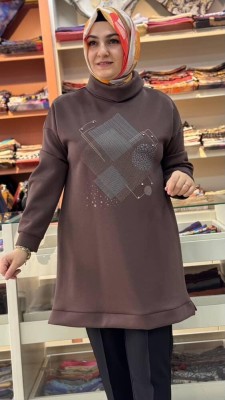 Degaje Yaka Baskı Ve Taş Detaylı Tunik Kahve/23001 - Thumbnail
