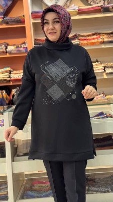 Degaje Yaka Baskı Ve Taş Detaylı Tunik Siyah/23001 - Thumbnail