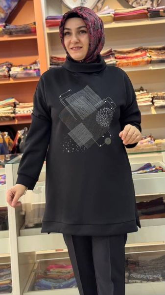Degaje Yaka Baskı Ve Taş Detaylı Tunik Siyah/23001