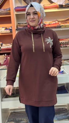 Degaje Yaka Çiçek Ve Zincir Detaylı Tunik Kahve/1856 - Thumbnail