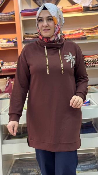 Degaje Yaka Çiçek Ve Zincir Detaylı Tunik Kahve/1856