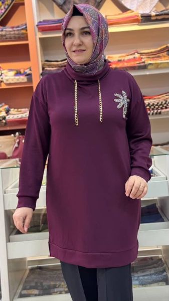 Degaje Yaka Çiçek Ve Zincir Detaylı Tunik Bordo/1856