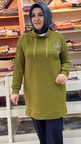 Degaje Yaka Çiçek Ve Zincir Detaylı Tunik Yeşil/1856