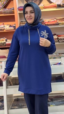 Degaje Yaka Çiçek Ve Zincir Detaylı Tunik İndigo/1856 - Thumbnail