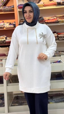 Degaje Yaka Çiçek Ve Zincir Detaylı Tunik Ekru/1856 - Thumbnail