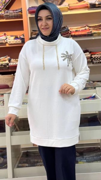 Degaje Yaka Çiçek Ve Zincir Detaylı Tunik Ekru/1856