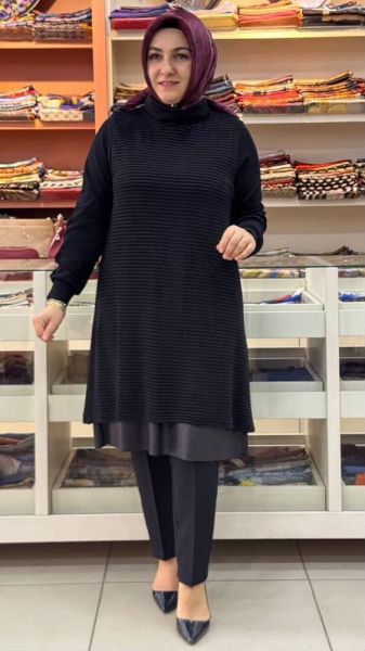 Degaje Yaka Kolye Aksesuarlı Tunik Siyah/2063