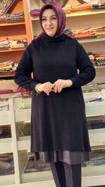 Degaje Yaka Kolye Aksesuarlı Tunik Siyah/2063
