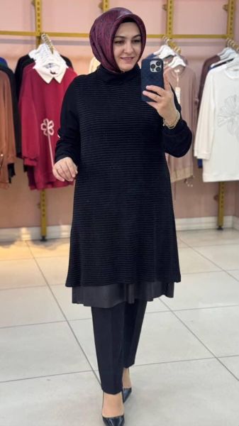 Degaje Yaka Kolye Aksesuarlı Tunik Siyah/2063