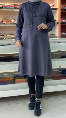  - Degaje Yaka Önü Taş Detaylı Tunik Gri/3243