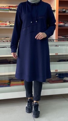  - Degaje Yaka Önü Taş Detaylı Tunik Lacivert/3243