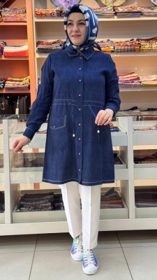 Esswap - Denim Baskılı Belden Büzgülü Tunik Mavi/4408