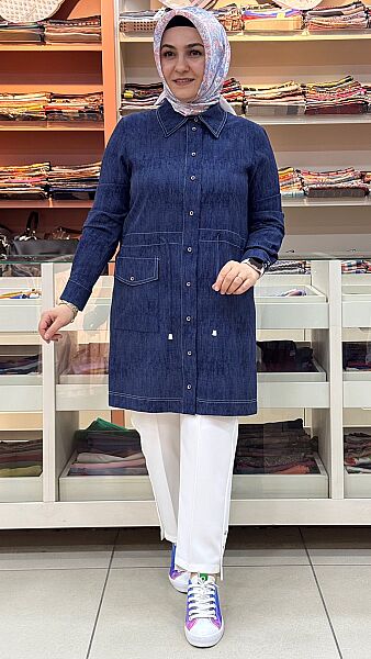 Denim Baskılı Belden Büzgülü Tunik Mavi/4408
