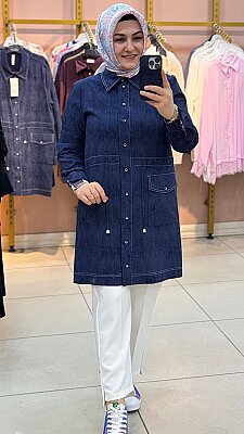 Denim Baskılı Belden Büzgülü Tunik Mavi/4408 - Thumbnail