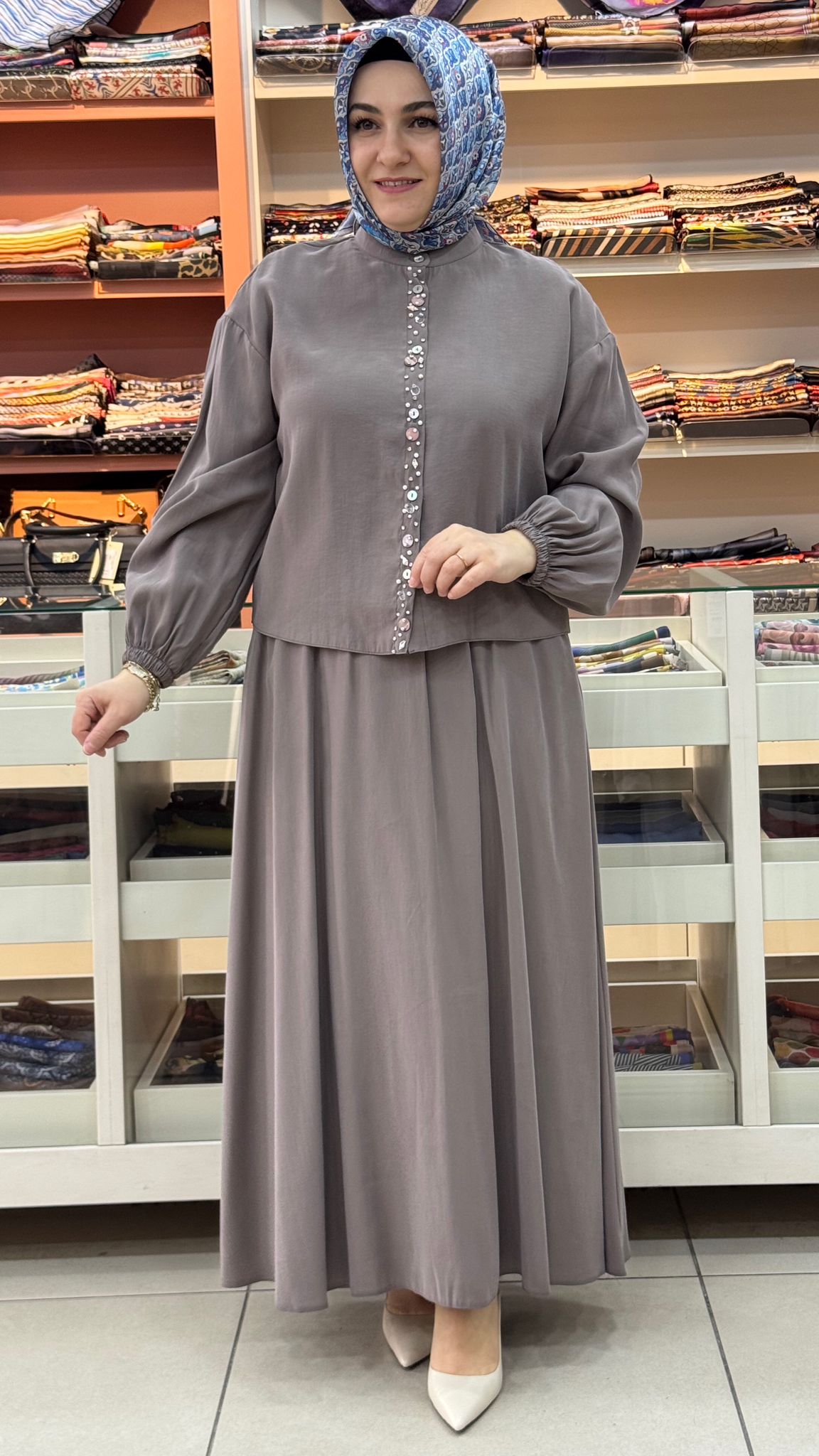 Puane - Deniz Kabuğu Düğme Ve Taş Detaylı Etekli Takım Vizon/14434