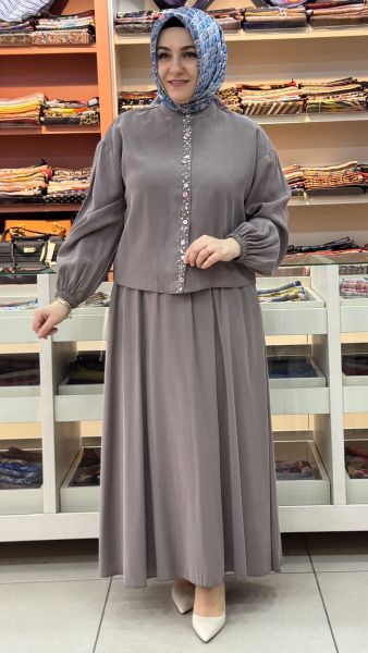 Deniz Kabuğu Düğme Ve Taş Detaylı Etekli Takım Vizon/14434