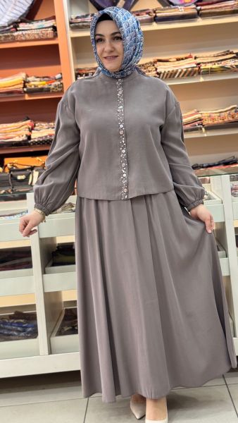 Deniz Kabuğu Düğme Ve Taş Detaylı Etekli Takım Vizon/14434