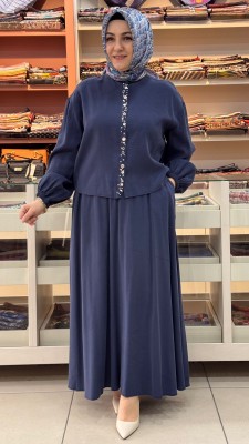 Puane - Deniz Kabuğu Düğme Ve Taş Detaylı Etekli Takım Lacivert/14434