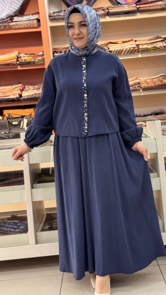 Deniz Kabuğu Düğme Ve Taş Detaylı Etekli Takım Lacivert/14434