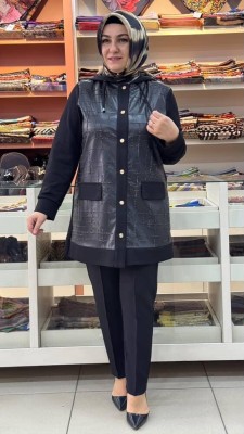 Haya - Deri Detaylı Kapşonlu Kap Siyah/1610