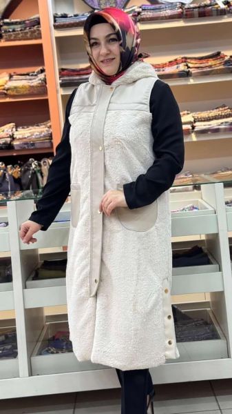 Deri Detaylı Peluş Yelek Taş/2032