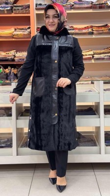 Deri Detaylı Peluş Yelek Siyah/2032 - Thumbnail