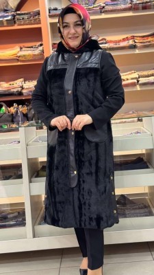 Deri Detaylı Peluş Yelek Siyah/2032 - Thumbnail