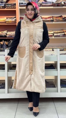 Dua&MisS - Deri Detaylı Peluş Yelek Camel/2032