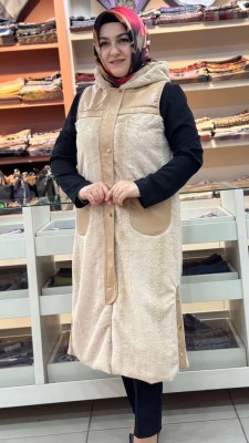 Deri Detaylı Peluş Yelek Camel/2032 - Thumbnail