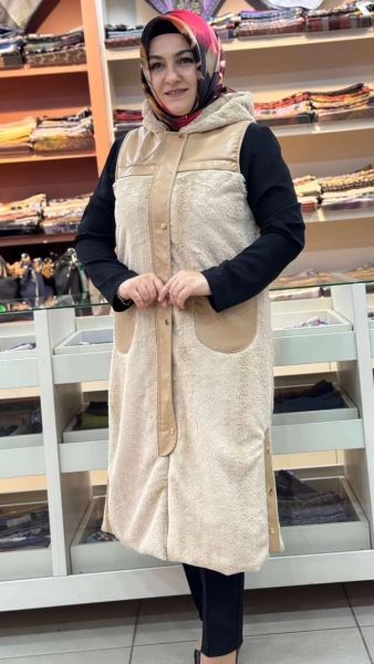 Deri Detaylı Peluş Yelek Camel/2032