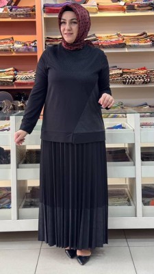  - Deri Ve File Detaylı Etekli Takım Siyah/7096